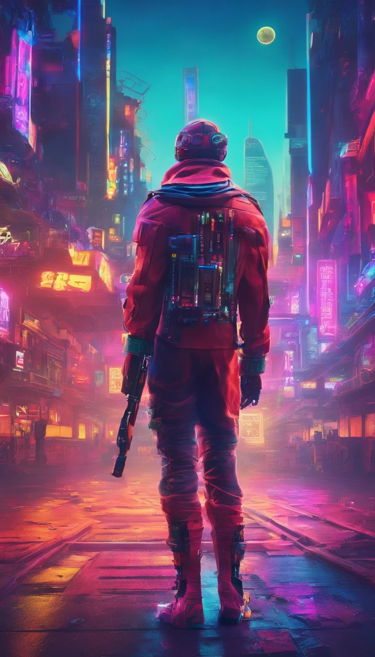 A scientist with a cyberpunk style,Semi-mechanized scientists,Combat posture,majestic-looking,Affection for moving forward,Stunning colors。Set in a futuristic cyberpunk style city,the street,Crowds with blurred vistas,(Movie lighting),(light and shadow effect),(unreal-engine),(Tyndall),(cinema4d),(Super futuristic fantasy style),(8k wallpaper),(tmasterpiece),(Photography Award),realisticlying