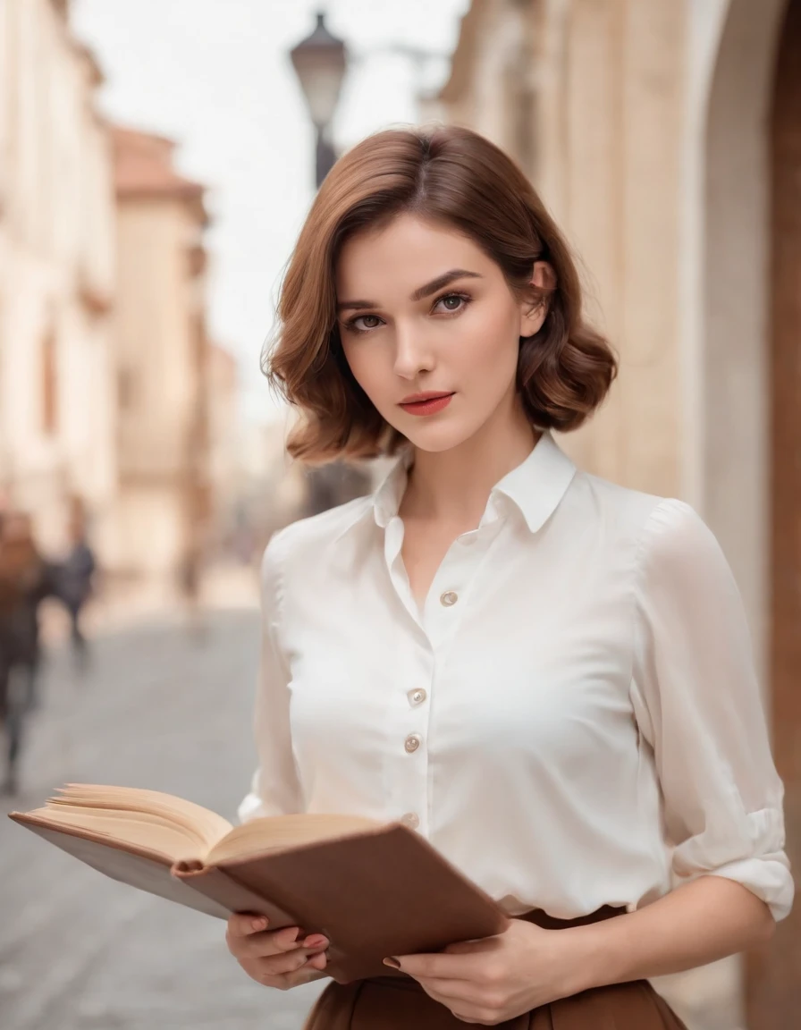 retro style woman, short wavy hair, white blouse and retro brown skirt, holds open book, serious look, street background, half length shot, bokeh style, high quality photo