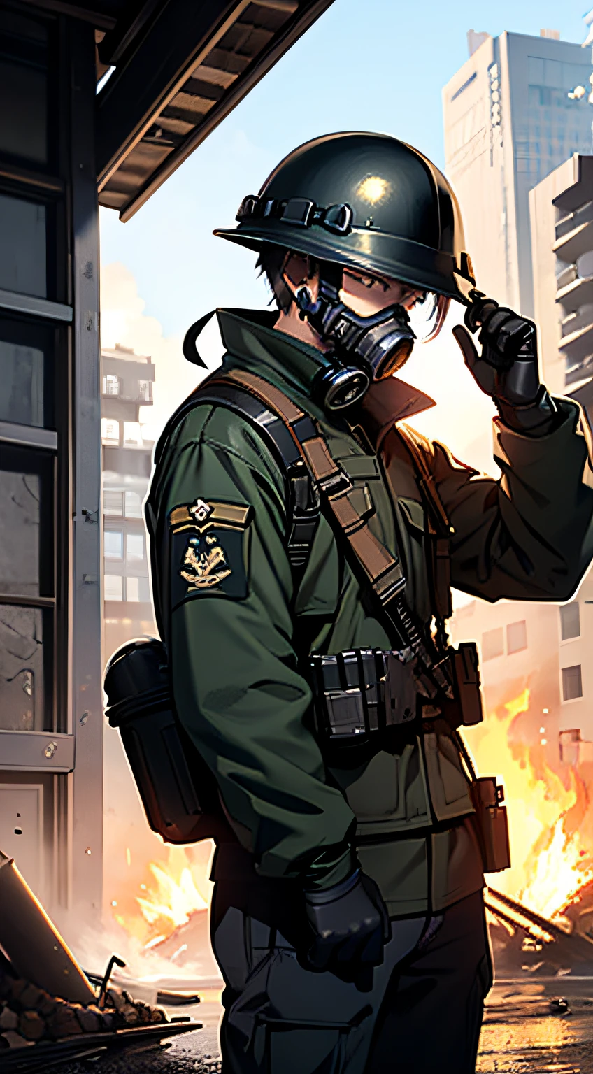 ((masterpiece)), ((best quality)), 1boy, gasmask, holding a revolver, warzone, looking at viewer, burning building, combat unit, tactical outfit, world war 2 helmet