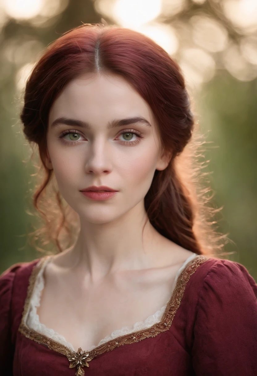 (((A deep reddish scar runs across her left cheek))) light skinned, Women around 19 years old, Natural gray hair, Distinctive green eyes, Wearing Cole, slender and graceful,, Beautiful, Candlelight in medieval atmosphere, Ultra Sharp Focus, realistic shot, Women's clothing in the Middle Ages, Tetradic color (Scar:1.4)