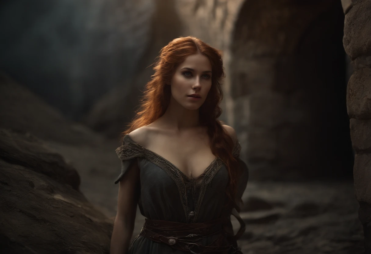 Girl in slave costume, Dirty clothes, Torn clothing(With amazing detail, (The old dress, light dark color, covering the entire body is quite damaged.), ((Chained)), ((Less skin contact)), (Anatomically correct limbs and body.:1.4), ((Medieval World)), ((Amazing visuals.)), ((cinematic light)), (Full-length portraits:1.7), (looking up), (looking down), (dramatic pose), (Charming smoke and light effects), Beautiful red hair, Ruins of an old castle, ((Royal catacombs)), Abandoned mine, Abandoned ruins, ((dark night, Full Moon Night, New Moon Night)), epic realistic, ((neutral colors)), (HDR:1.5), (muted colors:1.2), hyper detailed, motion picture,