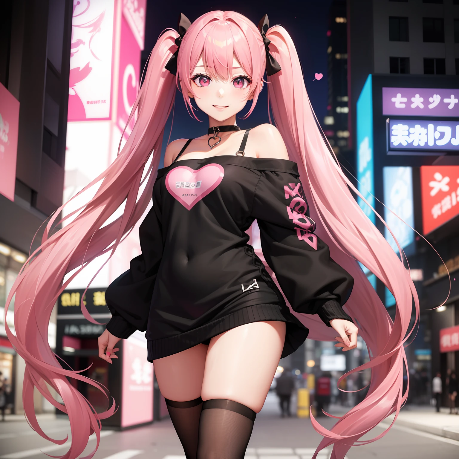 full body Esbian, masutepiece: 1.2, Highest Quality), (Live-action, elaborate details), (1 Lady, Solo, Upper body,) Clothing: Edgy, Black long jumper, pink miniskirt, long hair with pink twin tails,、Avant-garde, Experimental appearance: Long pink twin tail hair 、Heart-shaped choker、The location: bustling city、Solo, Nice smile、Value Creation in Mixed Media Art: individuality, authenticity, Creative expression