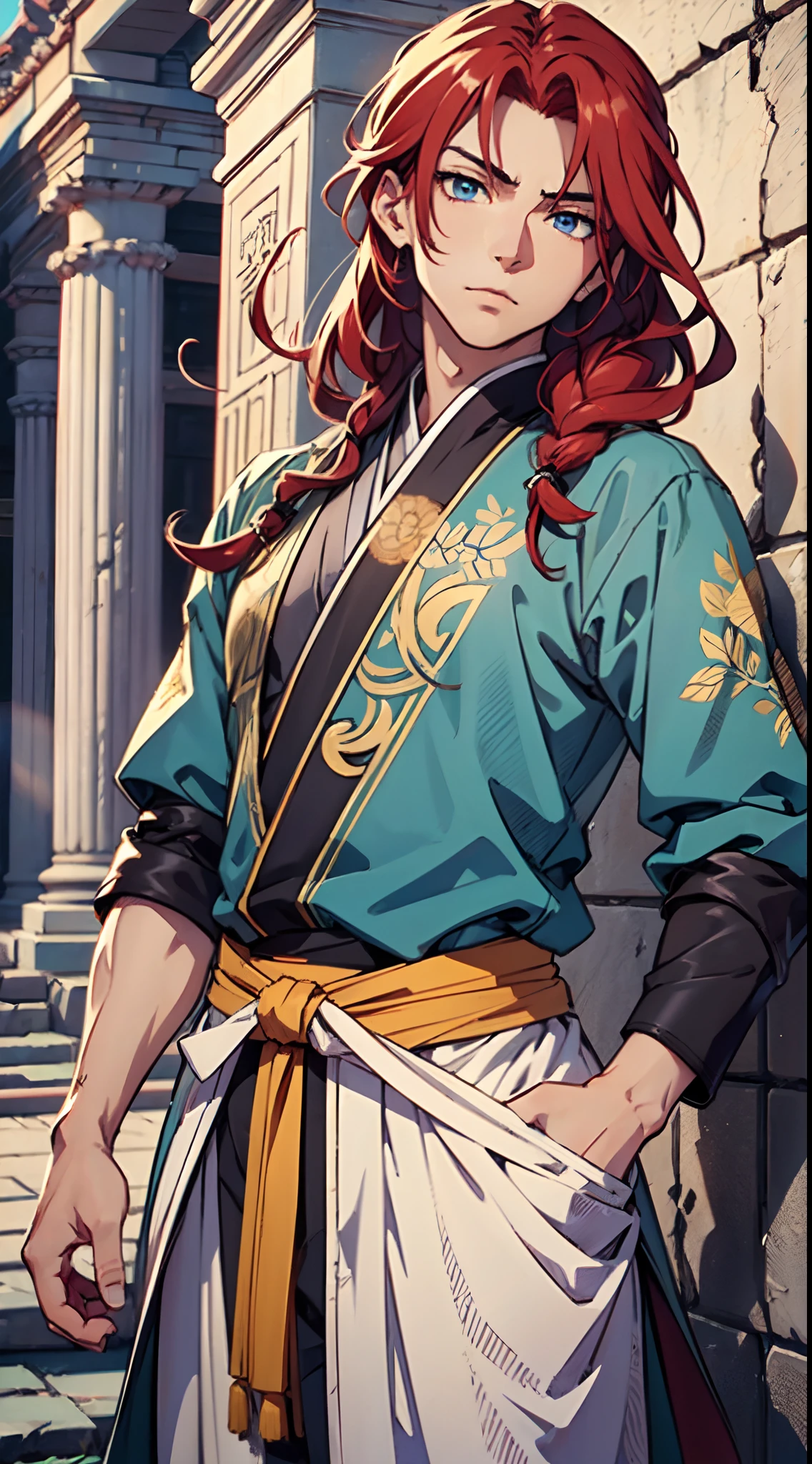 Ultra High Definition, Ultra High Quality, Extremely Detailed, Perfectly Detailed, Masterpiece, 8k, 1 Boy, Look A Like Xin From Kingdom Anime, Handsome, Equipped With Chinese Emperor Silk Clothes, Solid Light Blue Eyes, Long Red Hair, Holding A Perfectly Detailed Awesome Katana, Body Shot, Ancient Ruins Background