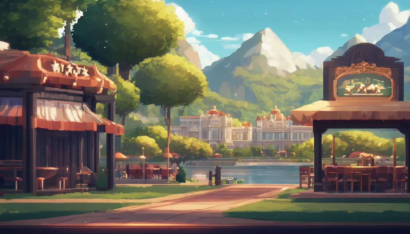a cute anime game, anime art, pixel art, casino, wallpaper, landscape