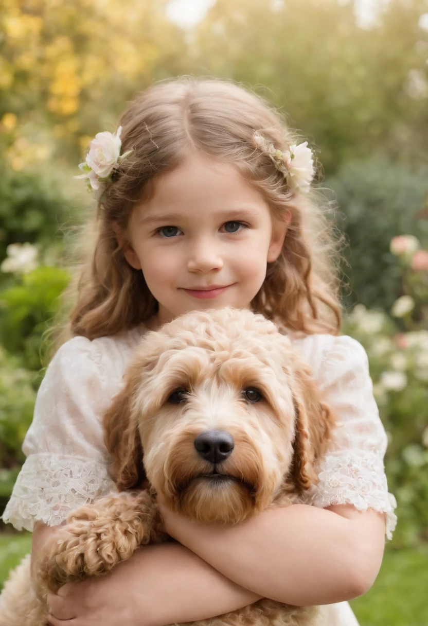 Sweet girl,((medium close-up)),6 year oLabradoodles in the garden, There are flowers, There are fountains,
