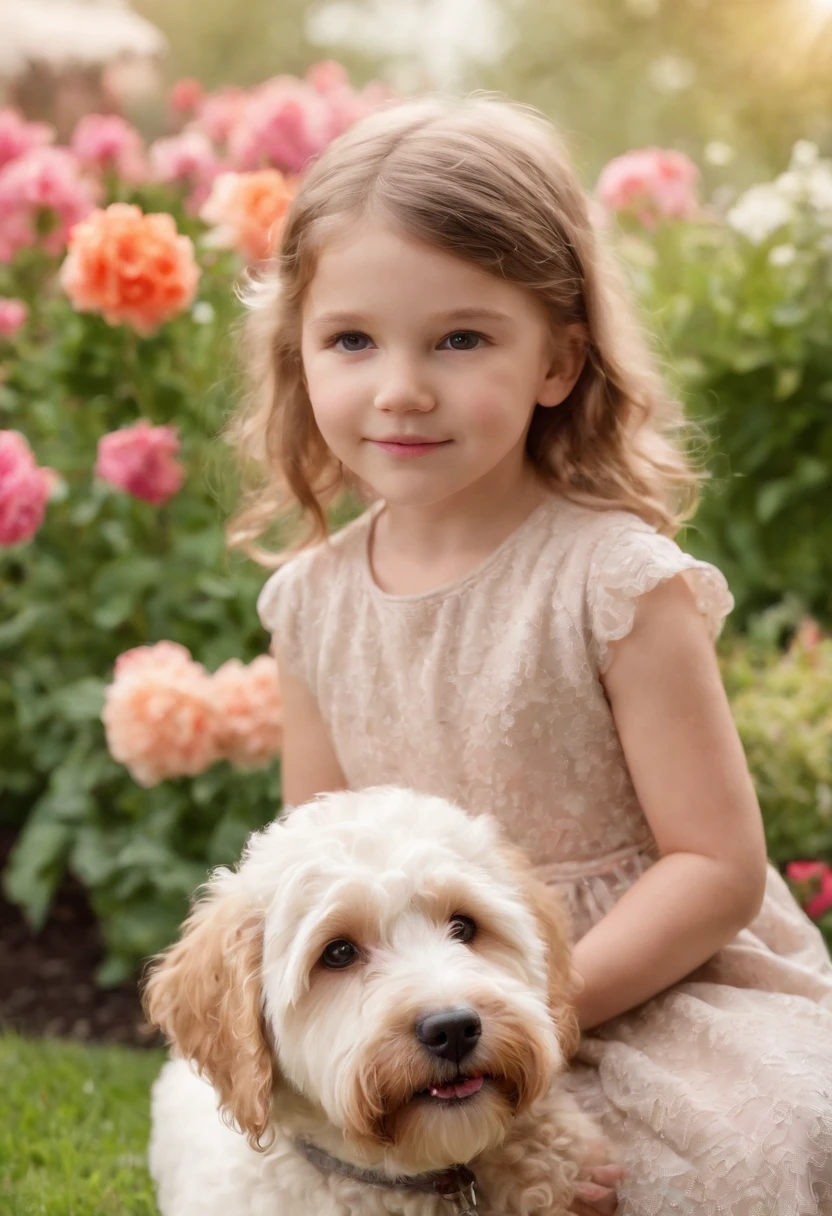 Sweet ,((medium close-up)),6 year olds ,and Labradoodles in the garden, There are flowers, There are fountains,