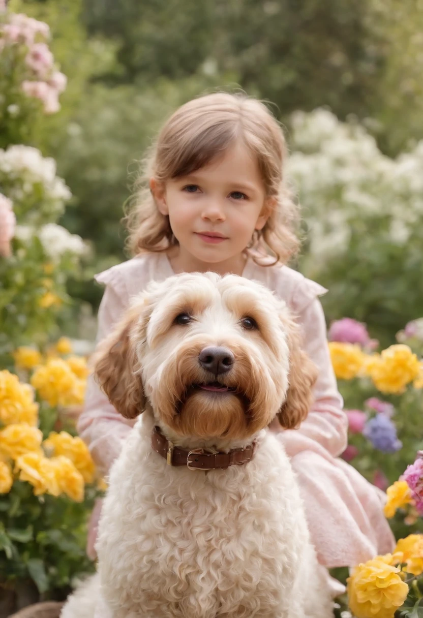 Sweet little girl,(upper body), and Labradoodles in the garden, There are flowers, There are fountains,