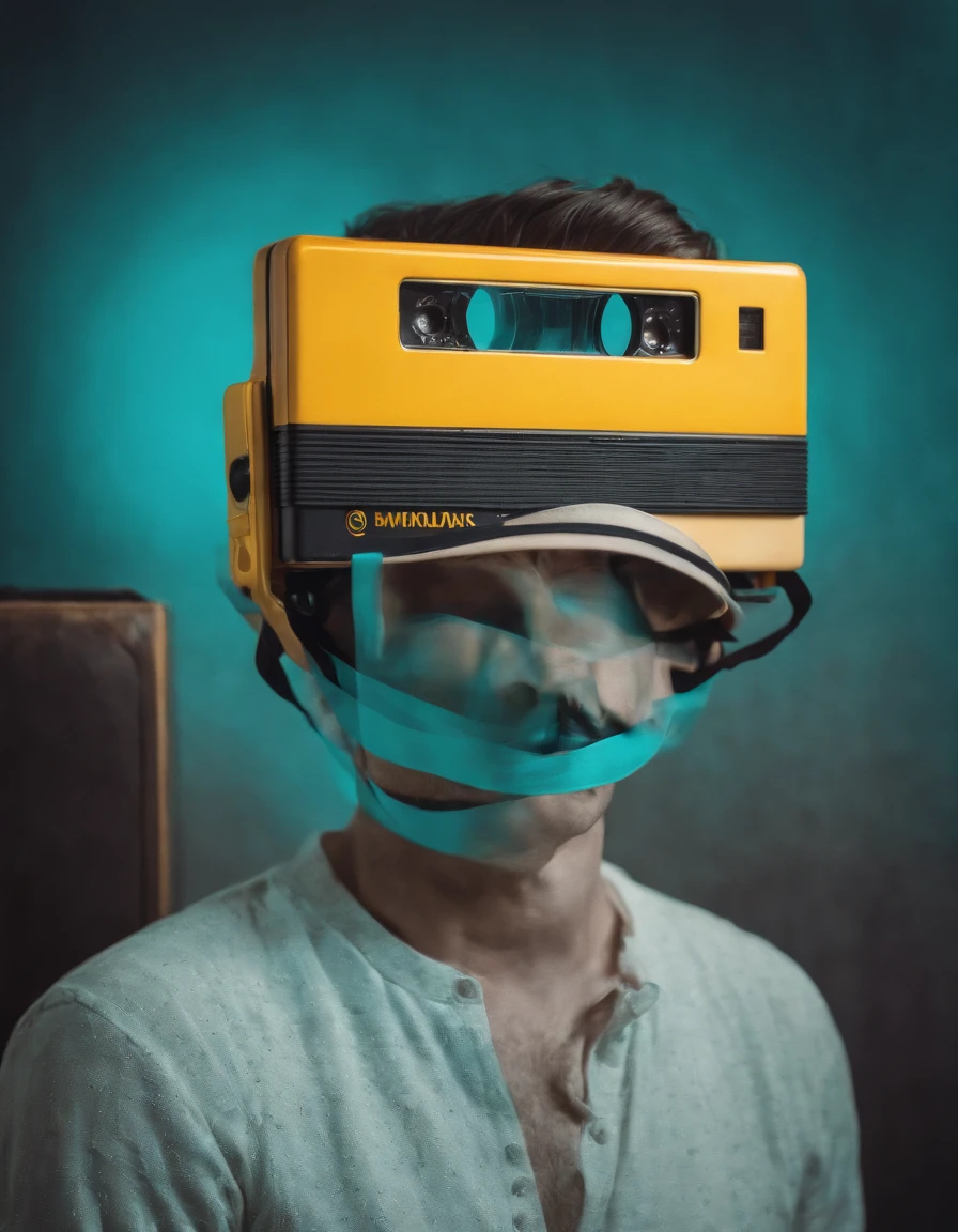 retro style drawing of 80s style man, with vintage tape player on his head, yellow orange and cyan colors, color drawing style and black ink border, high quality photo