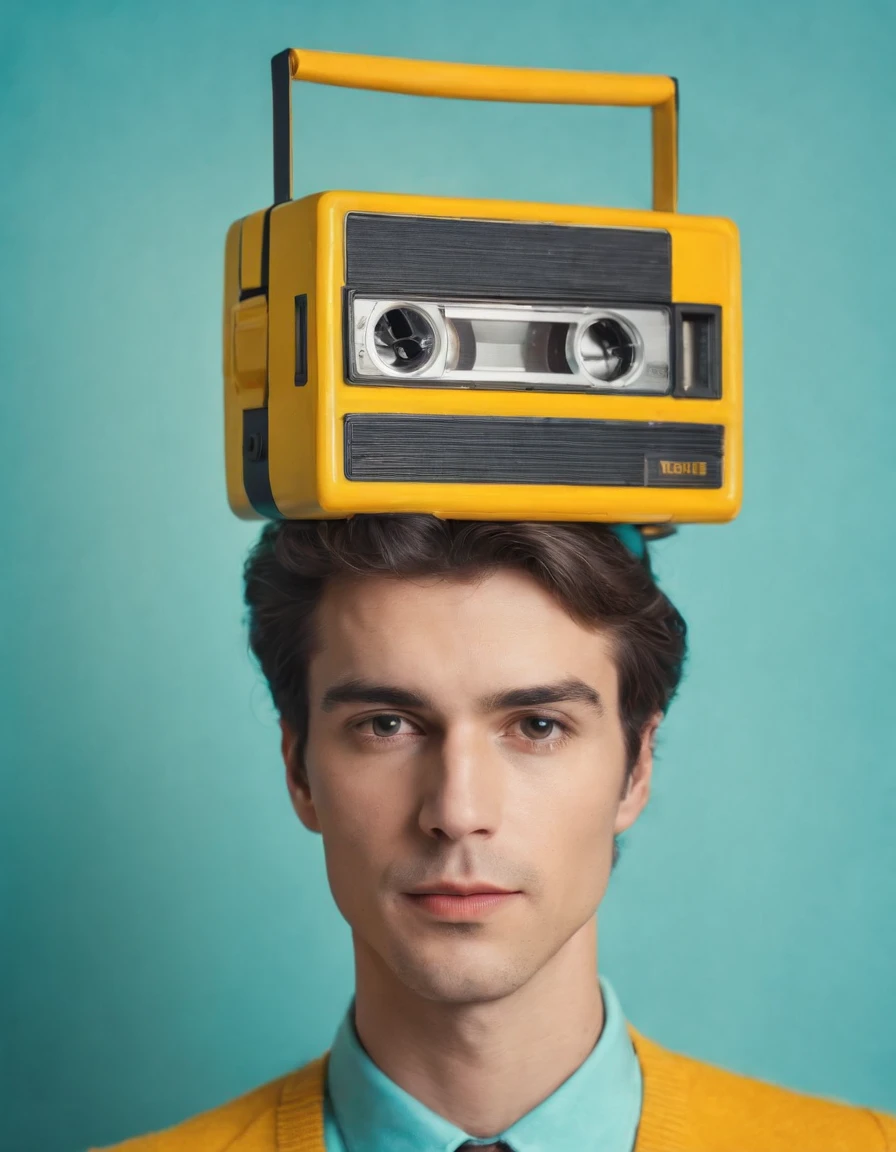 retro style drawing of 80s style man, with vintage tape player on his head, yellow orange and cyan colors, color drawing style and black ink border, high quality photo