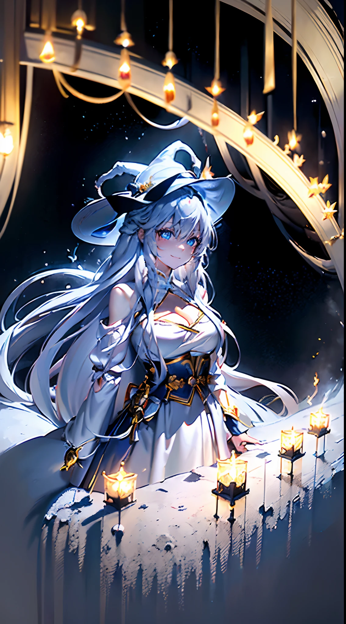 (Colorful:1.3), (Orderly, Best composition)
(Cowboy shot:1.2), (1 girl:1.2), (Long white hair), (Blue eyes), Smile, (Cute face), (Witch suit), (Witch hat), (cleavage)
(fantasy clothing, Layered clothes, costume combination)
(Detailed light), (An extremely delicate and beautiful), volume light, Best shadow, Flash, Depth of field, Dynamic Angle, [NSFW:0.8], Oily skin
(In the middle of the magic array), (Floating magic palace and Alps
and London:1.2), Lots of phantoms, imagination, (Heavy fog)
(Stand at the base of the magic circle:1.2), (melted, Flowing:1.3), (Lightning:1.3), (Ice:1.25), (Floating water:1.25), (crystal:1.25), (red flames:1.2), (Butterflies:1.2), (Snow:1.2), (Red roses), (milky ways, Desert, Sea)