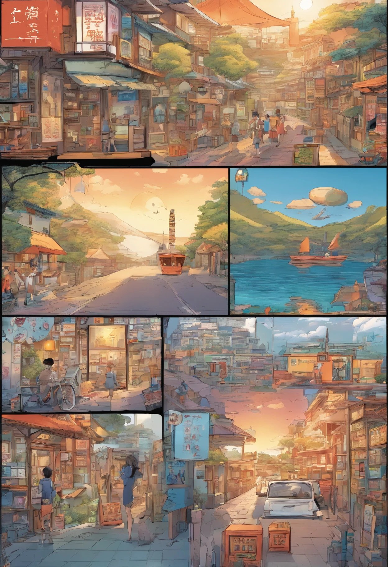 Japanese Comics, Comic Story、Displayed in multiple colored irregular panels、A cat experiences hardship while running away from home、Reunites with a girl in a sailor suit、Style is exaggerated、Details、Masterpiece、top-quality、