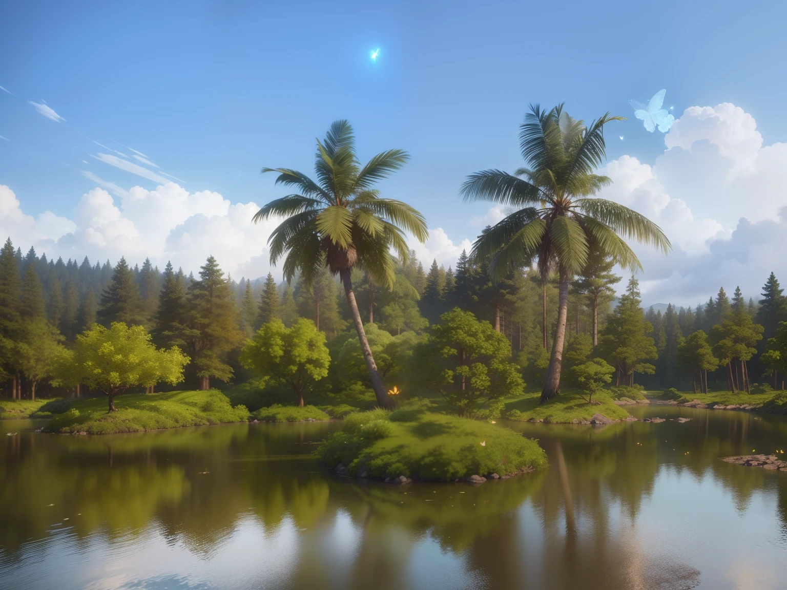 A masterpiece, the best quality, stunning reflections, the best reflections ever. (very detailed CG unity 8k wallpapers), (best quality), (best illustrations), (best shadows), forest theme with natural elements. Tall trees, quiet streams, small glowing mushrooms surrounded by delicate leaves and branches, with fireflies and glowing particle effects,, (natural elements), (jungle theme), (leaves), (twigs), (fireflies), butterflies, (delicate leaves), (glow), (particle effects). , Isometric 3D, Octane Rendering, Ray Traced, Super Detailed