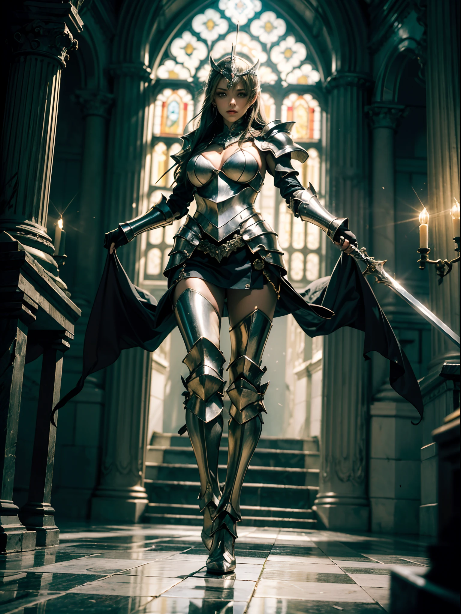 (full body picture:1.3), Gorgeous epic warrior woman, wearing armor battle suit with hyper-intricate detailing, golden details, (half-shaved red bob haircut:1.2), (freckles:1.1), imposing, assassin look, wielding a big sword, blurred minimalist background, detailed and intricate, cleavage, masterpiece, best quality, highest quality, high definition, highly detailed, 8K, athletic and fit body, naughty, perfect hands, detailed hands, perfect eyes(red), detailed eyes, realistic, HDR, UHD, dynamic, cleavage