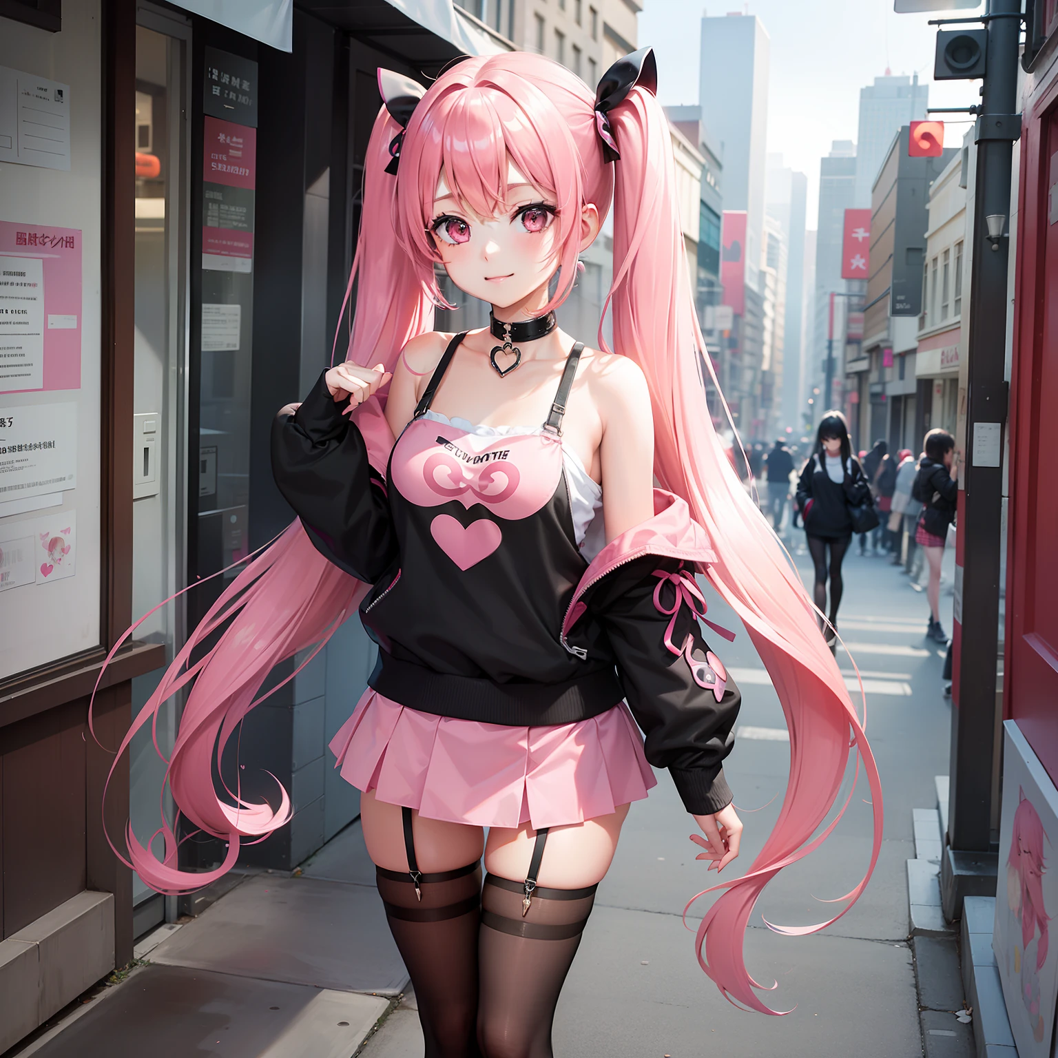 full body Esbian, masutepiece: 1.2, Highest Quality), (Live-action, elaborate details), (1 Lady, Solo, Upper body,) Clothing: Edgy, Black long jumper, pink miniskirt, long hair with pink twin tails,、Avant-garde, Experimental appearance: Long pink twin tail hair 、Heart-shaped choker、The location: bustling city、Solo, Nice smile、Value Creation in Mixed Media Art: individuality, authenticity, Creative expression