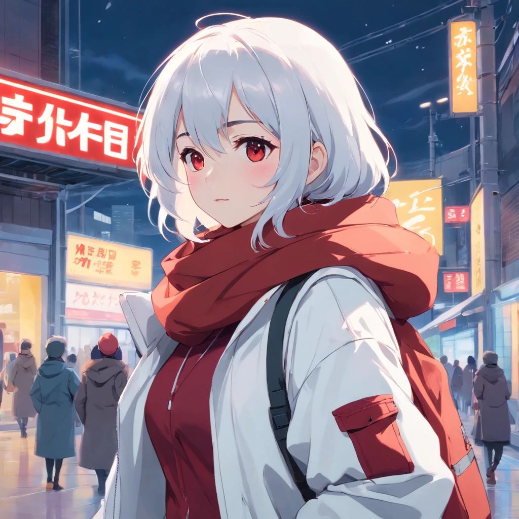 Girl with white hair and white pupils in a white down jacket,grey short skirt,Dark red cotton hat,Wrapped around a gray scarf