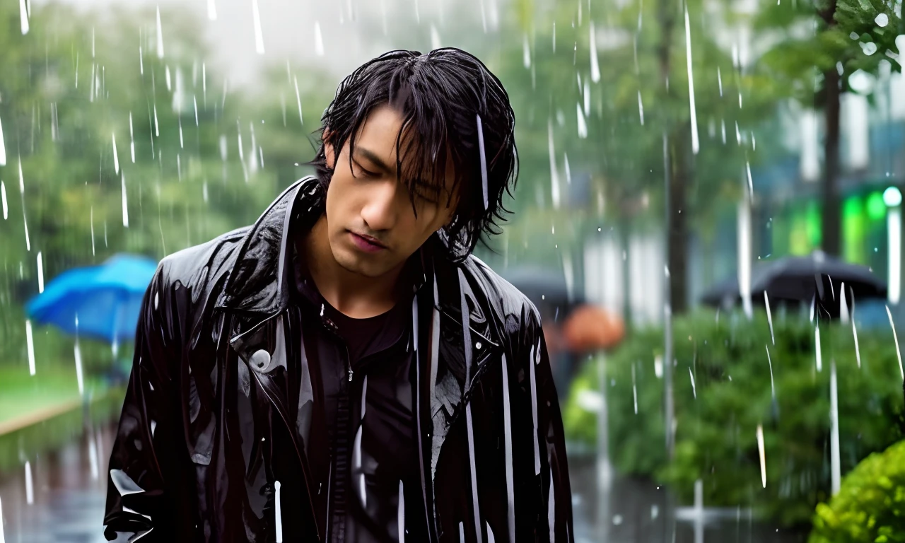 A man in a black jacket stands in the rain