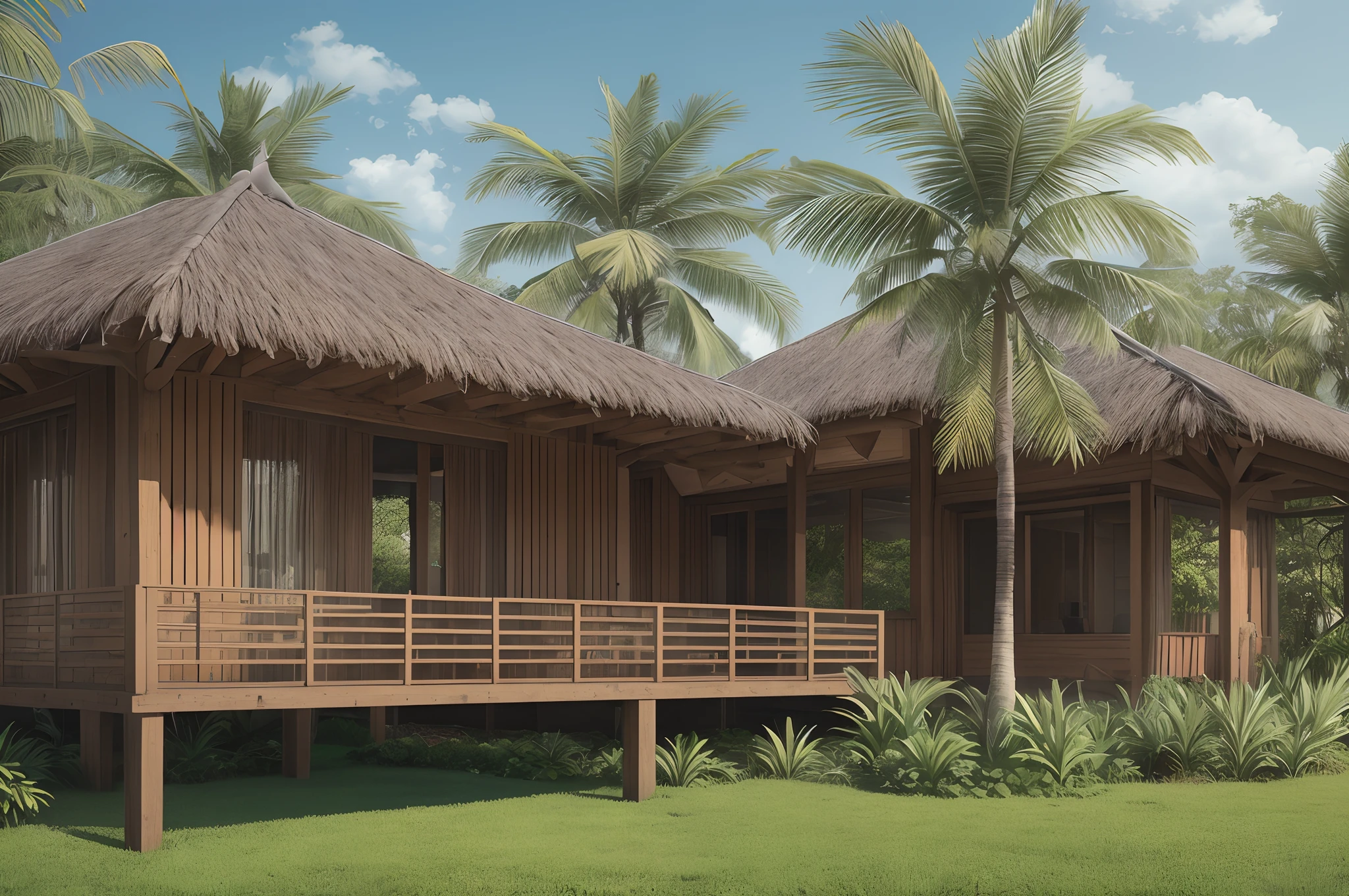RAW photo, a house in tropical style, on a background of coconut trees and lush fields::1.2, tropical landscape::1.2, in natural rendering style, The house is made of dark wood and stone. The roof is coconut leaves::1.2, with simple lines and geometric shapes. The overall effect is peace and quiet, daylight, shadow, volumetric light, artistic light. station direction, studio photo, intricate details, luxurious and spacious, beautiful, realistic, 32k uhd, (Noon:1.2 ) --auto --s2