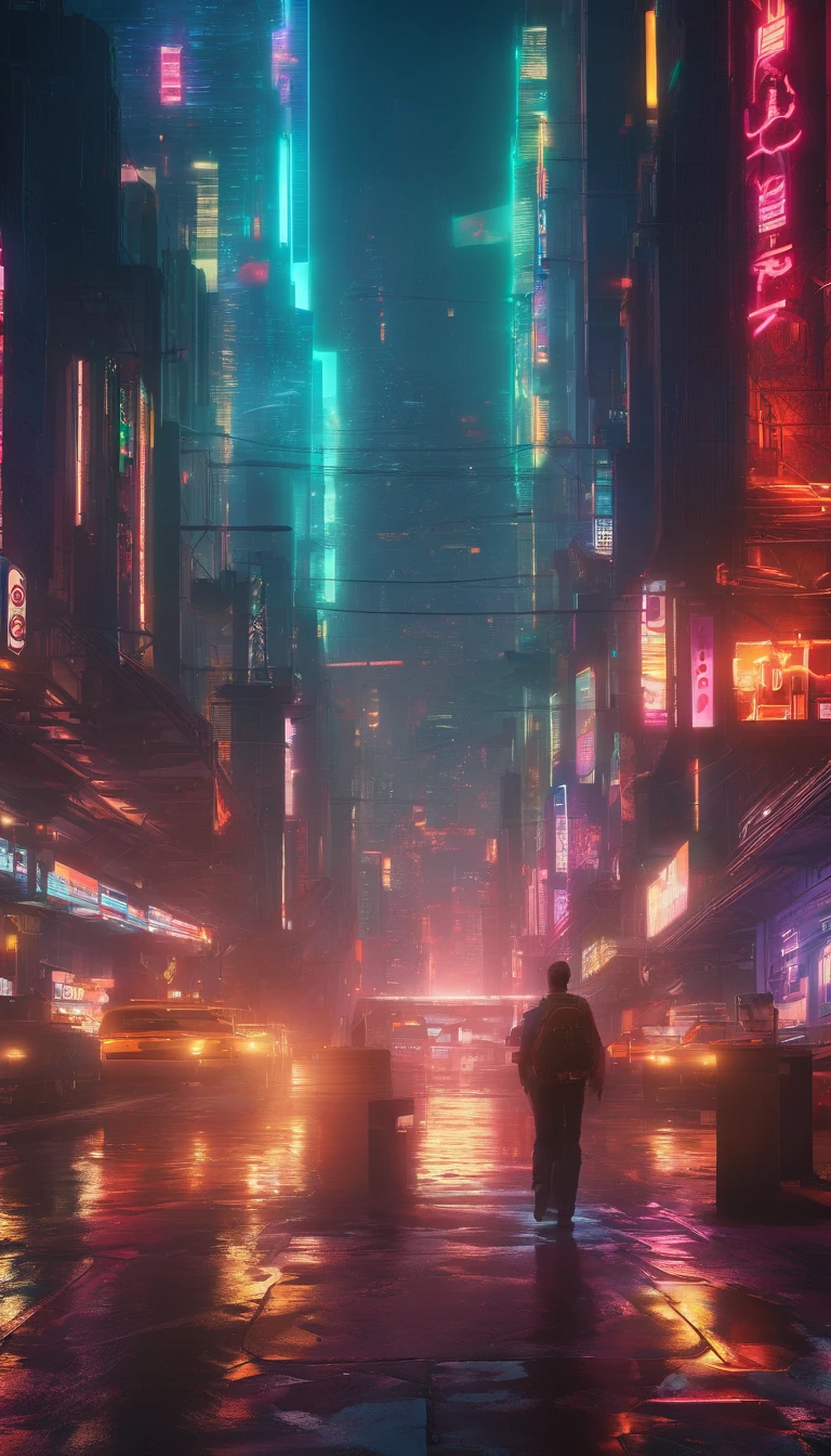 Cyberpunk style scientist，Semi-mechanized scientist，Combat posture，majestic-looking，The feeling of moving forward，Stunning colors。Set in a futuristic cyberpunk style city，the street，People with blurred vision，（Movie lighting），（light and shadow effect），（unreal-engine），（Tyndall），（cinema4d），（Super futuristic fantasy style），（8k wallpaper），（tmasterpiece），（Photography Award），realisticlying