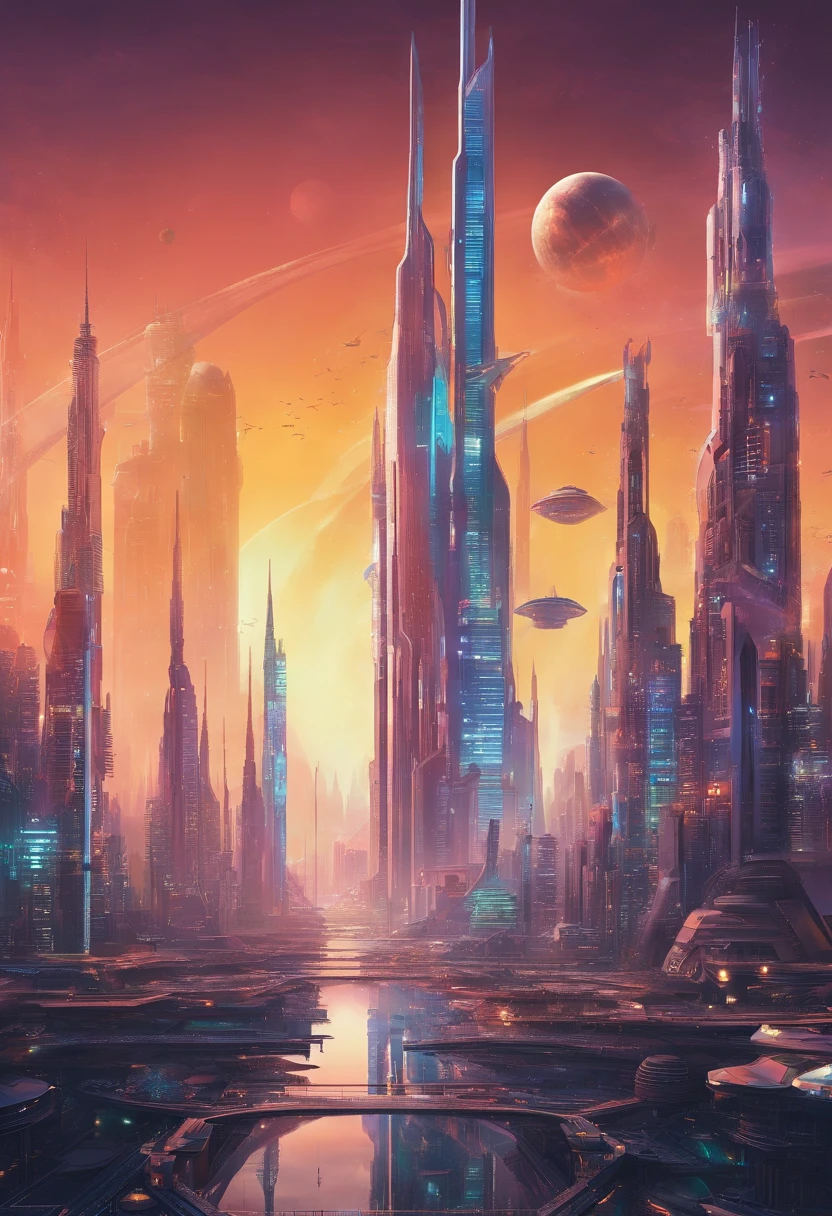 The metropolis of the future, many kilometers of spires rushing upwards;.