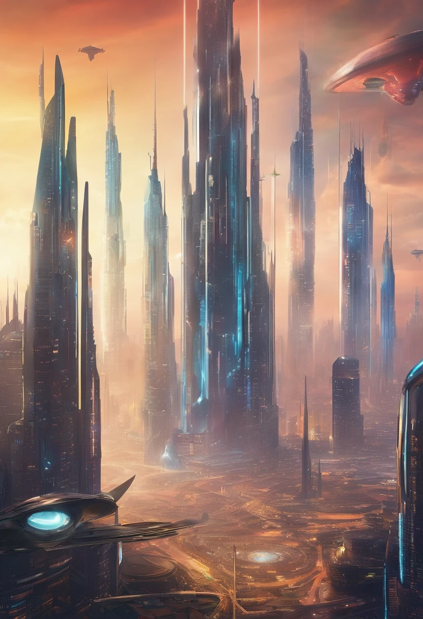 The metropolis of the future, many kilometers of spires rushing upwards;.