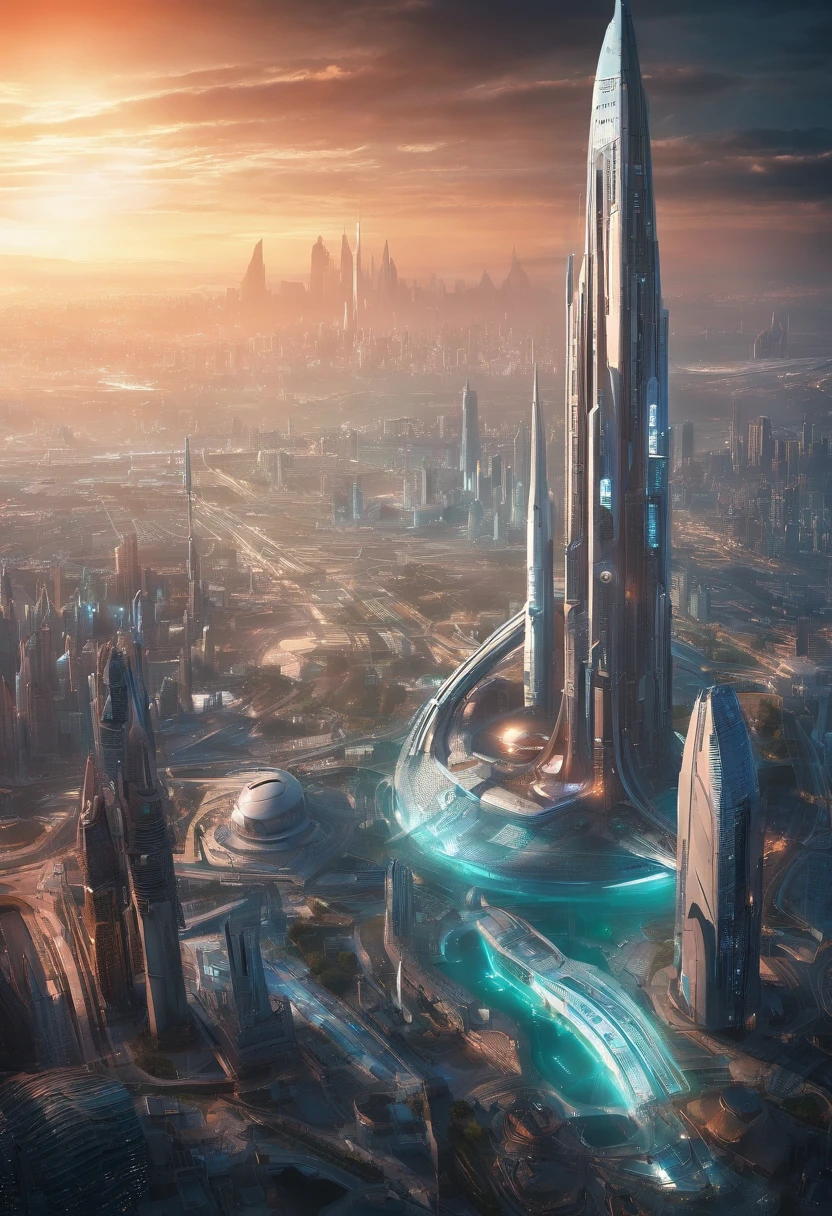 The metropolis of the future, many kilometers of spires rushing upwards;.