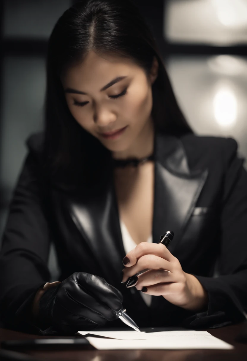 Wearing black leather gloves in both hands, upper body, black business suit, facing the desk in the modern study in the dark, looking down, smiling, writing a letter using a fountain pen, long, straight black hair, young and cute face Japanese female new employee (black leather gloves cover both hands)