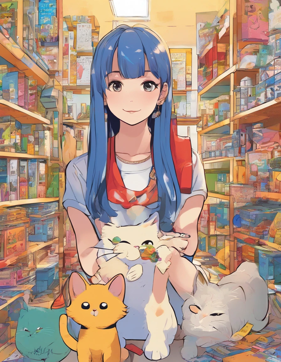 Pop Art Paint, Comic Story、Display in irregular panels with multiple colors、Reunion with a cat and a girl in a sailor suit、Style is exaggerated、Details、masutepiece、top-quality、