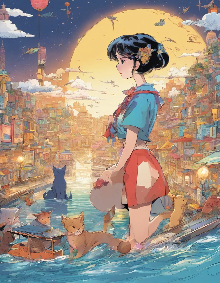 Pop Art Paint, Comic Story、Display in irregular panels with multiple colors、Reunion with a cat and a girl in a sailor suit、Style is exaggerated、Details、masutepiece、top-quality、