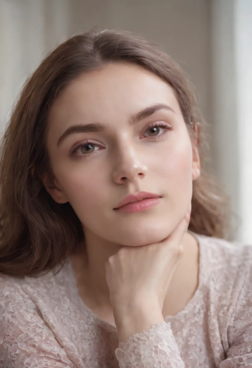 young woman laying on armchair , in the style of light magenta and light gray, calm and meditative, barbizon school, exaggerated facial features, light brown and white, happycore, emotional sensitivity ,upper body