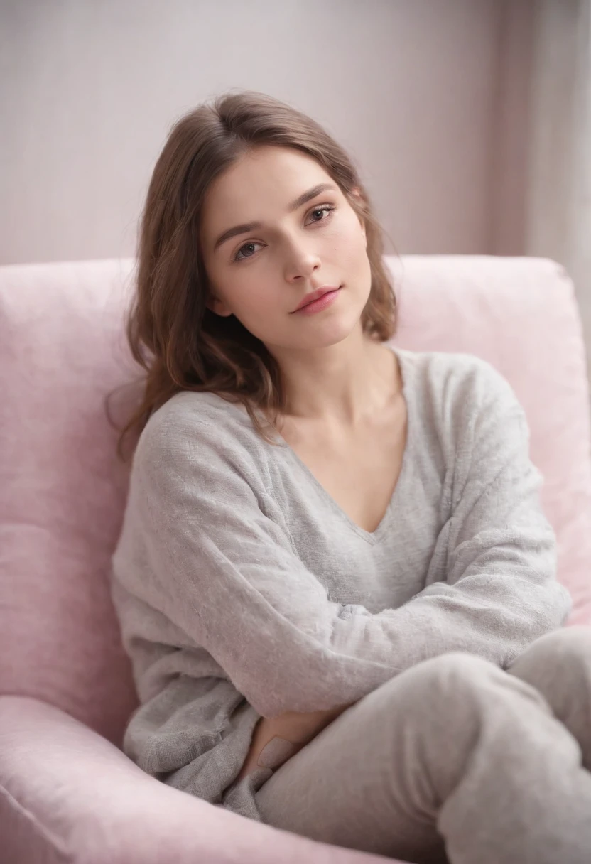 young woman laying on armchair , in the style of light magenta and light gray, calm and meditative, barbizon school, exaggerated facial features, light brown and white, happycore, emotional sensitivity ，upper body