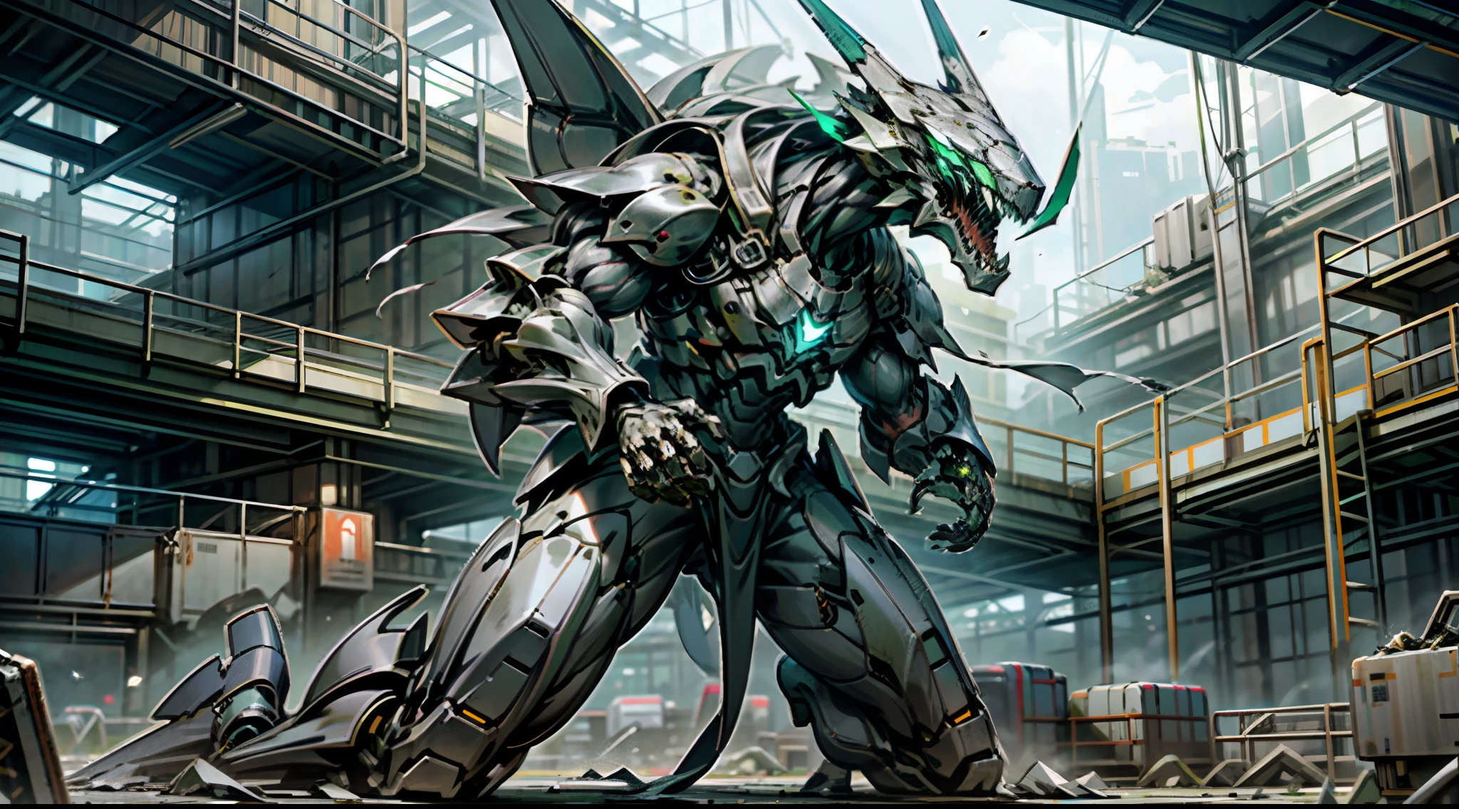 A thirty-meter-tall aggregation beast had completely torn open the hangar gate!
Its head is constructed like a hammerhead shark,Three pairs of glowing green eyes are neatly coiled around the edge of the skull,The thick, powerful forelimbs allow it to stand hunched over,A claw about the size of a head is enough to shred any artificial armor,Three pointed ends covered in scales swung wantonly behind him。