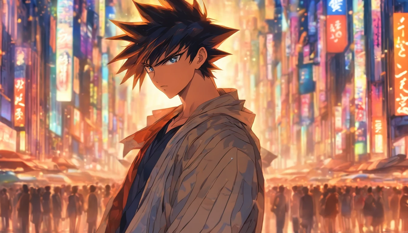 A young man stands on a busy city street, His eyes were filled with deep contemplation, Surrounded by towering buildings, Continuous traffic, and bustling crowds, ,in the style of the stars art group xing xing,32K, Best quality, Masterpiece, Super detail, High details,