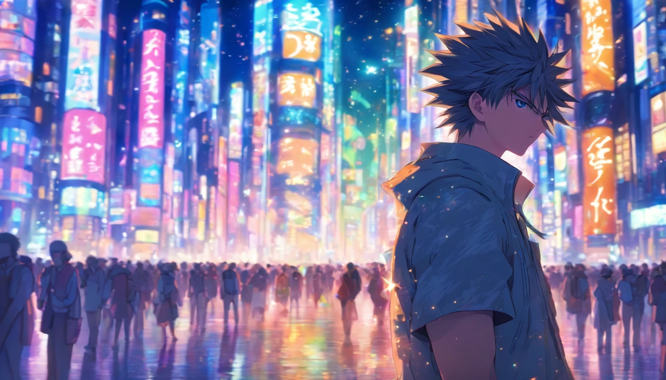 A young man stands on a busy city street, His eyes were filled with deep contemplation, Surrounded by towering buildings, Continuous traffic, and bustling crowds, ,in the style of the stars art group xing xing,32K, Best quality, Masterpiece, Super detail, High details,
