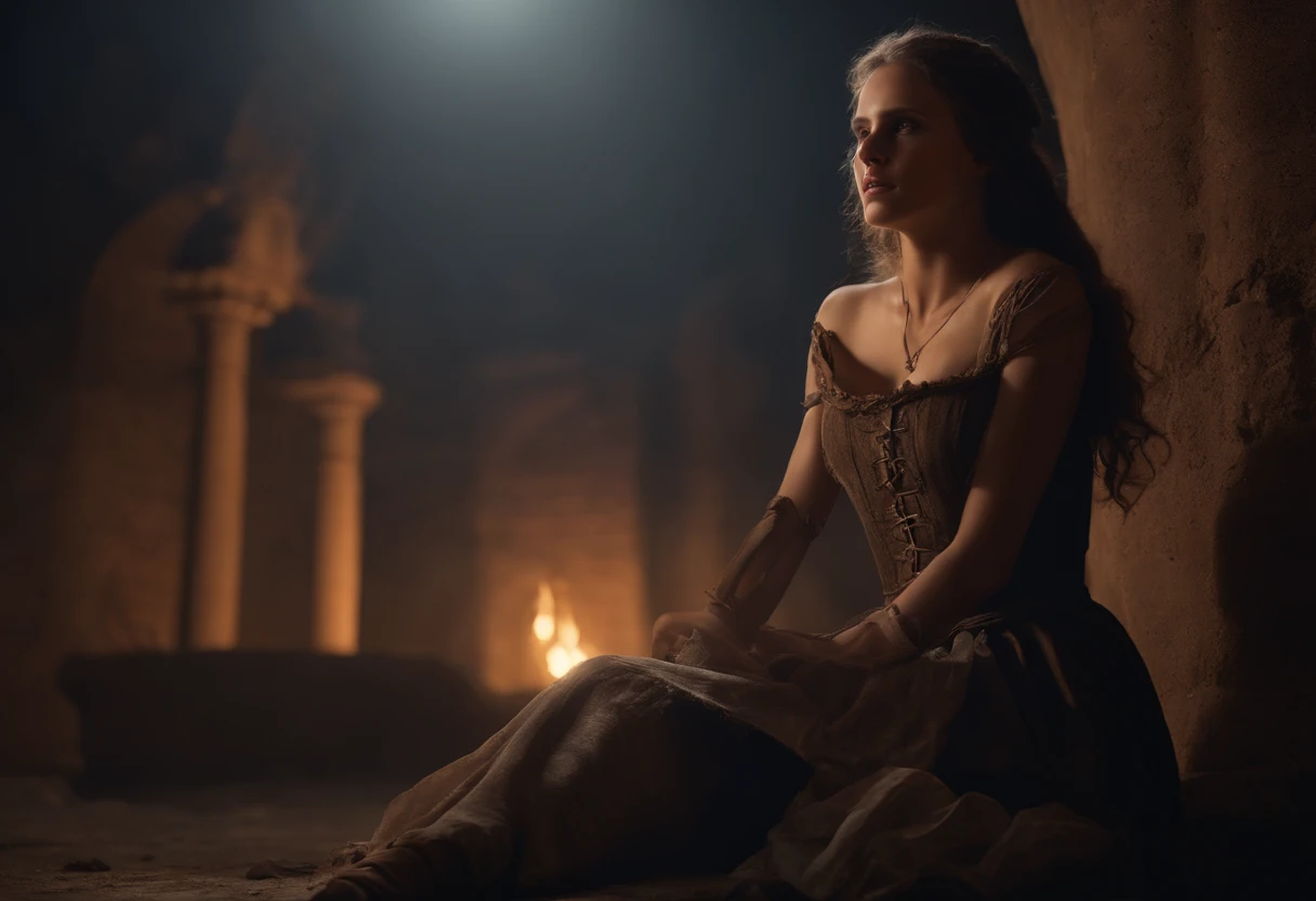 Girl in slave costume, Dirty clothes, Torn clothing(With amazing detail, (The old dress, light dark color, covering the entire body is quite damaged.), ((Hands chained.)), ((Less skin contact)), (Anatomically correct limbs and body.:1.4), ((Medieval World)), ((A scared face.)), ((cinematic light)), (Full-length portraits:1.7), (looking up), (cry), (dramatic pose), (Charming smoke and light effects), Brown hair, Ruins of an old castle, ((Royal catacombs)), Abandoned ruins, ((dark night, Full Moon Night, New Moon Night)), epic realistic, ((neutral colors)), (HDR:1.5), (muted colors:1.2), hyper detailed, motion picture,