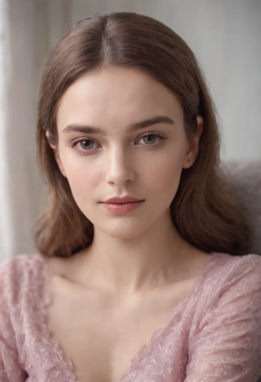 young woman laying on armchair , in the style of light magenta and light gray, calm and meditative, barbizon school, exaggerated facial features, light brown and white, happycore, emotional sensitivity ，upper body