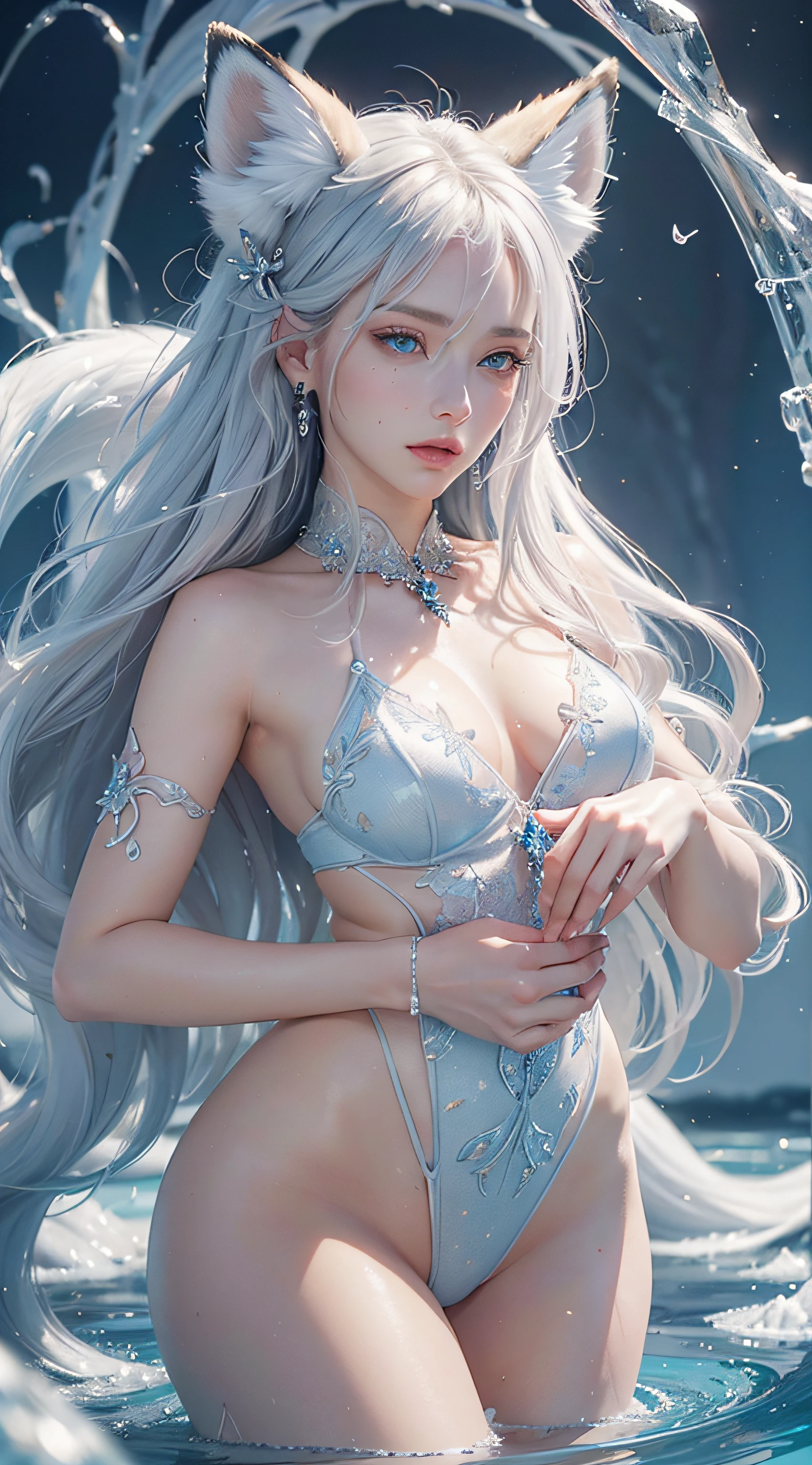 masterpiece, best quality,
official art, extremely
detailed cg 8k wallpaper,
(flying petals)
(detailed ice) , crystals
texture skin, cold
expression, ((fox ears)),
white hair, long
hair, messy hair, blue eye,
looking at viewer,
extremely delicate and
beautiful, water, ((beauty
detailed eye)), highly
detailed, cinematic
lighting, ((beautiful face),
fine water surface, (original
figure painting), ultra-
detailed, incredibly
detailed, (an extremely
delicate and beautiful),
beautiful detailed eyes,
(best quality)