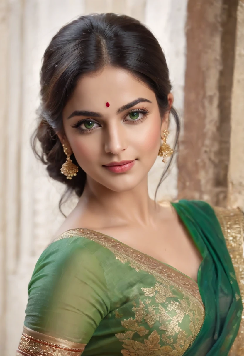 perfect light eyes, fantastic face, Indian, beautiful look, ((light color lips, bright eyes, curve heir 1.5)), ((((beautiful details very Big )))), (Straight round and ultra huge clevage, not sagging breast), (A glorious gorgeous), glorious gorgeous face, pretty face, bright eyes, ((detailed elegant colour printed saree)), updo elegant hair, blurred gray tones background, ultra focus, face ilumined, face detailed, 8k resolution, painted, dry brush, brush strokes, razumov style and garmash style, by Tokaito, (fluorescent colours:1.4),(semi transparent:1.4),(retro filters:1.4),(fanciful:1.4),Soft Landscape Pale Light Soft Whimsical Light Celestial Symphony Background Ultra Realistic Ultra High Quality Cinematic Lighting Huge Details Full HD Painting Plenty of light,diagonal bangs, Dress with collar,side masterpiece, best qualityer,realskin,(sportrait:1.5), 1girll, bluntbangs, (long wavy black hair),(((Cropped Breast Wear))), (((straight standing posing))), (((half body portrait))), ((Celestial Symphony)), (((big sexy body shape))), (((((solo girl)))))