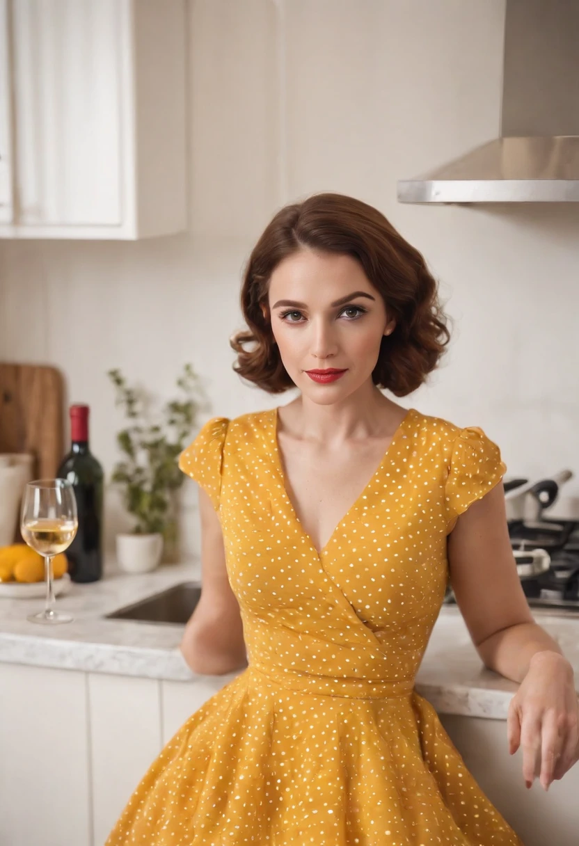 woman in retro yellow polka dot dress, sitting at kitchen counter, bored attitude, glass of wine in hand, high angle shot, close up shot, spot light, high quality photo,medium shot