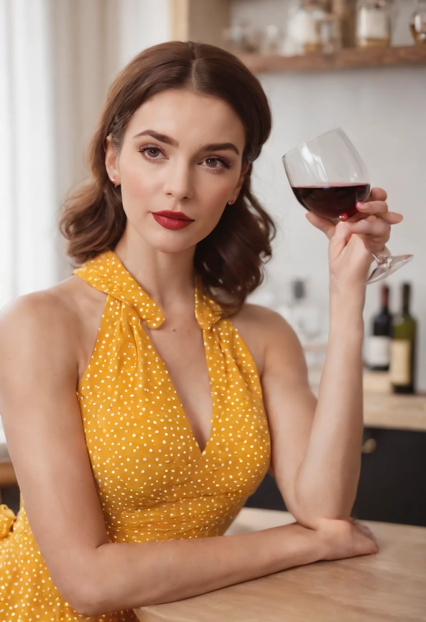 a woman holding a glass of wine as she poses at a restaurant by a restaurant window, in the style of dollcore, light brown and black, twisted, photo taken with provia, angelcore, hollywood glamour, barbiecore --ar 51:64