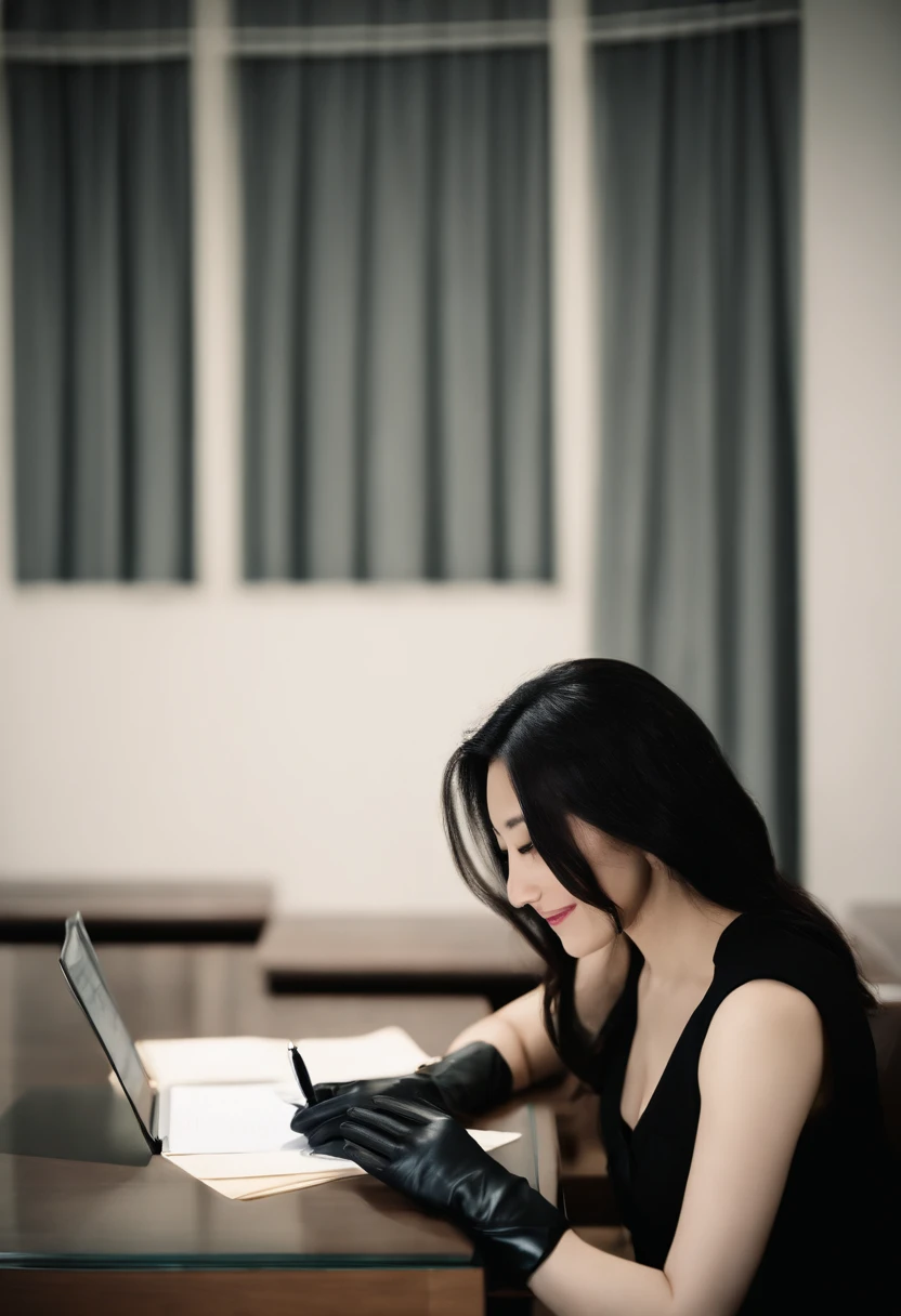 Wearing black leather gloves in both hands, upper body, black business suit, facing the desk in the modern study in the dark, looking down, smiling, writing a letter using a fountain pen, long, straight black hair, young and cute face Japanese female new employee (black leather gloves cover both hands)