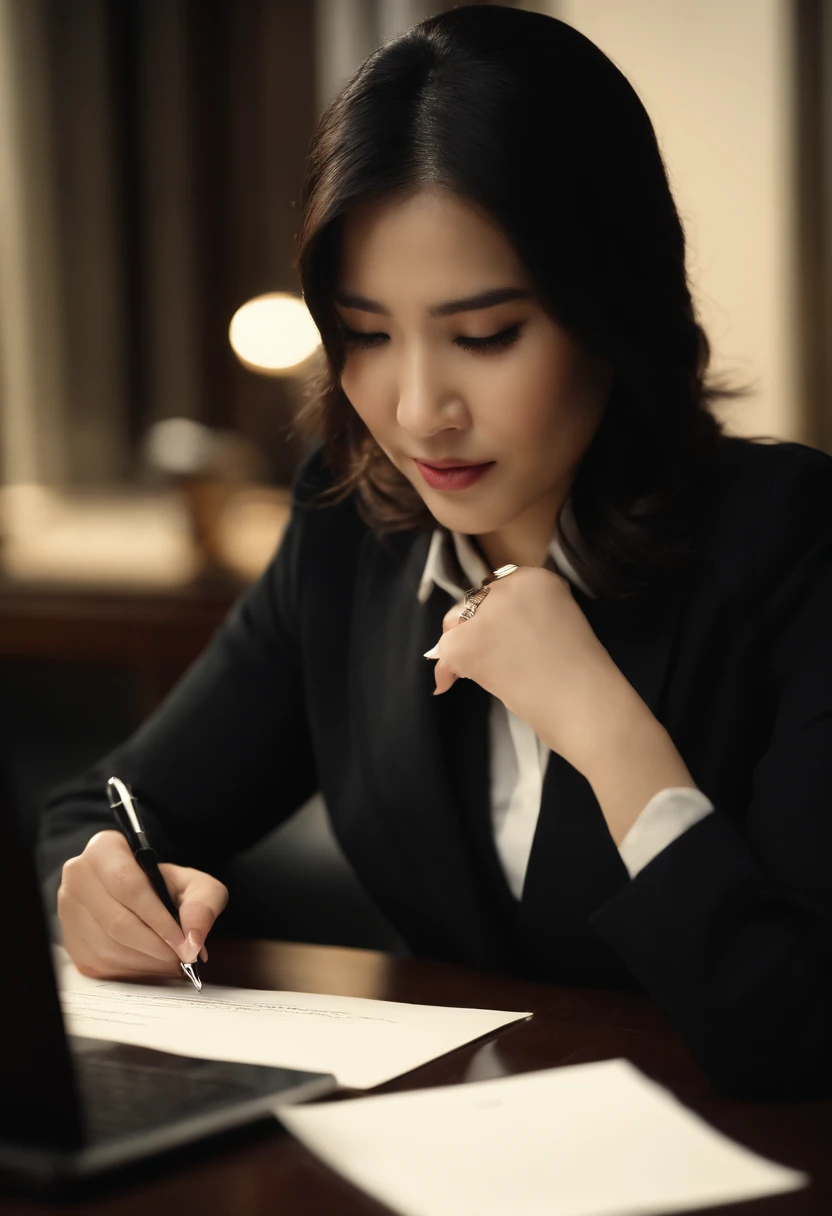 Wearing black leather gloves in both hands, upper body, black business suit, facing the desk in the modern study in the dark, looking down, smiling, writing a letter using a fountain pen, long, straight black hair, young and cute face Japanese female new employee (black leather gloves cover both hands)