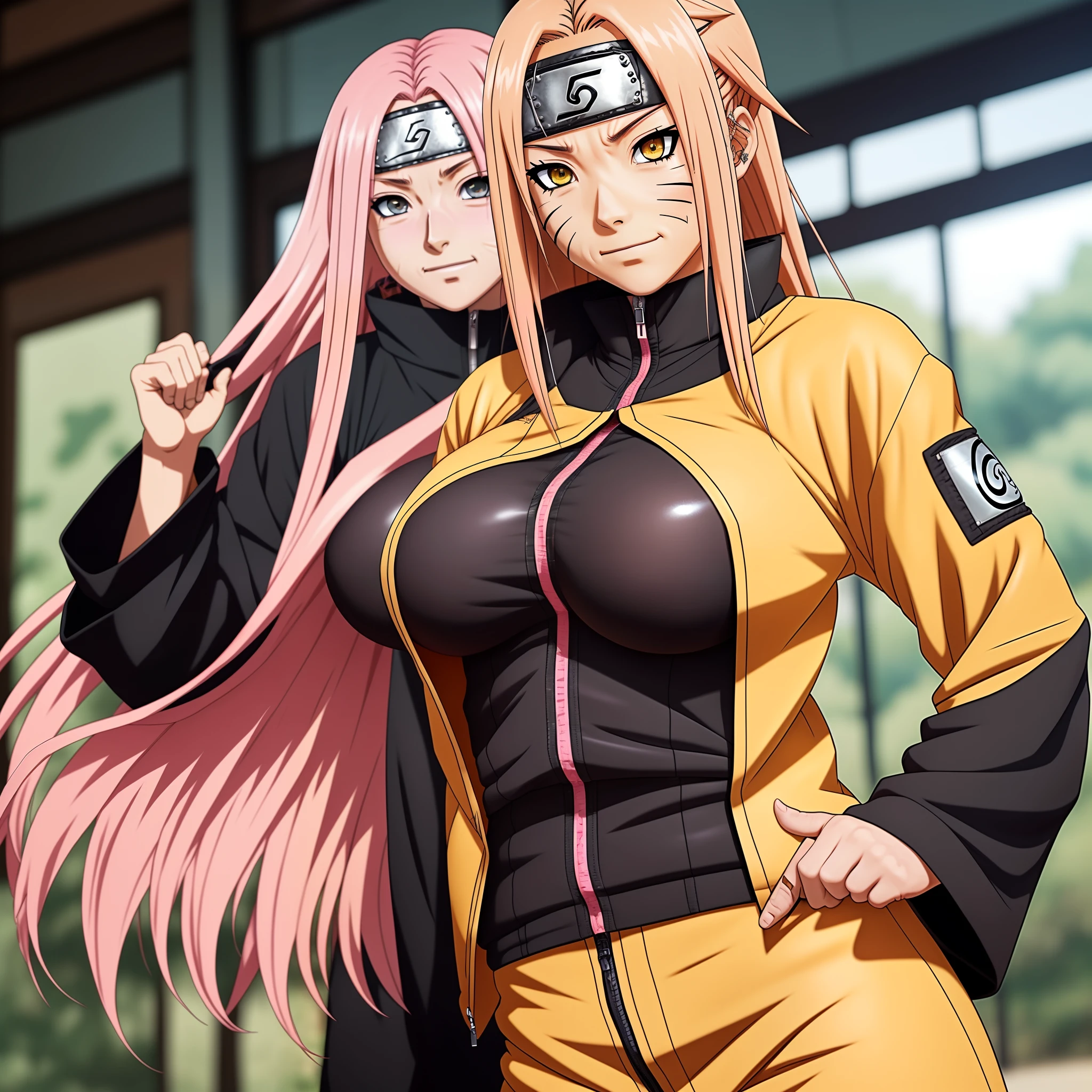 (Naruto fusion with sakura:1.1), looking to you, big breast, (yellow and pink hair color:1.1), pink ninja suit, big breast, (solo:1.2)