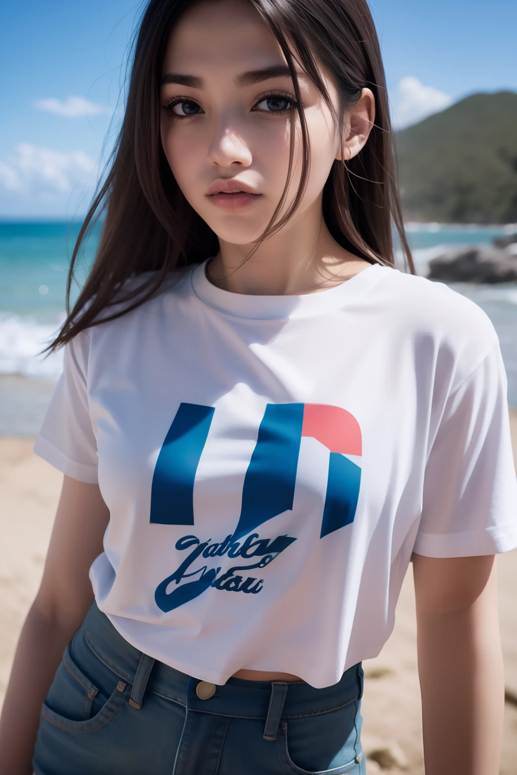 best quality, 1 Girl, dark blue hair, black eyes, Very short hair, Spiky hair, white and red TEXT oversize t-shirt, High waist short jeans, 171 cm, Messy hair, Hair between the eyes, Medium breasts, full, Tomboy, aldult, 20 years old, 1 Girl near white yatch in the sea