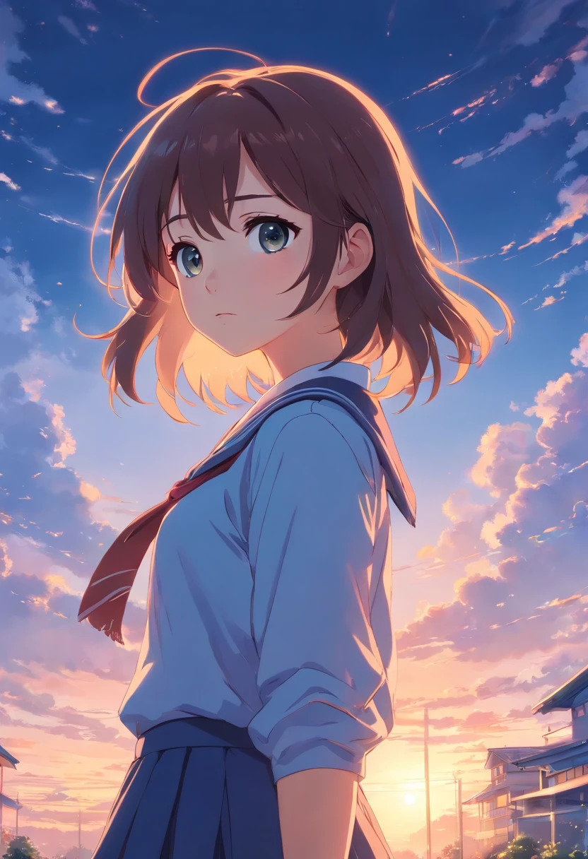 Bloom light, 1girl, Wearing school clothes, looking at viewer, Masterpiece, (anime style), glowing, sky, Add a subtle soft breeze that gently rustles the character's hair and clothing, conveying a sense of realism and immersion in the scene.