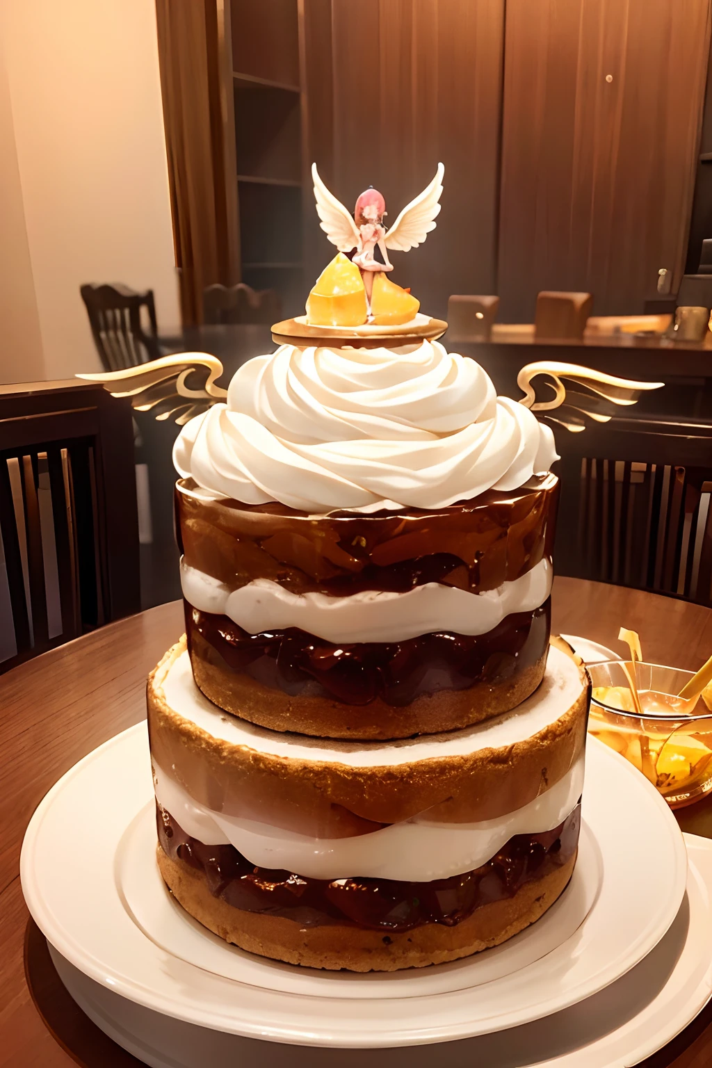 {{{{{masutepiece,Best Quality,ultra-detailliert}}}}},Chestnut parfait on whipped cream, There is a large piece of amber jelly,Cute angel wings sitting on jelly,