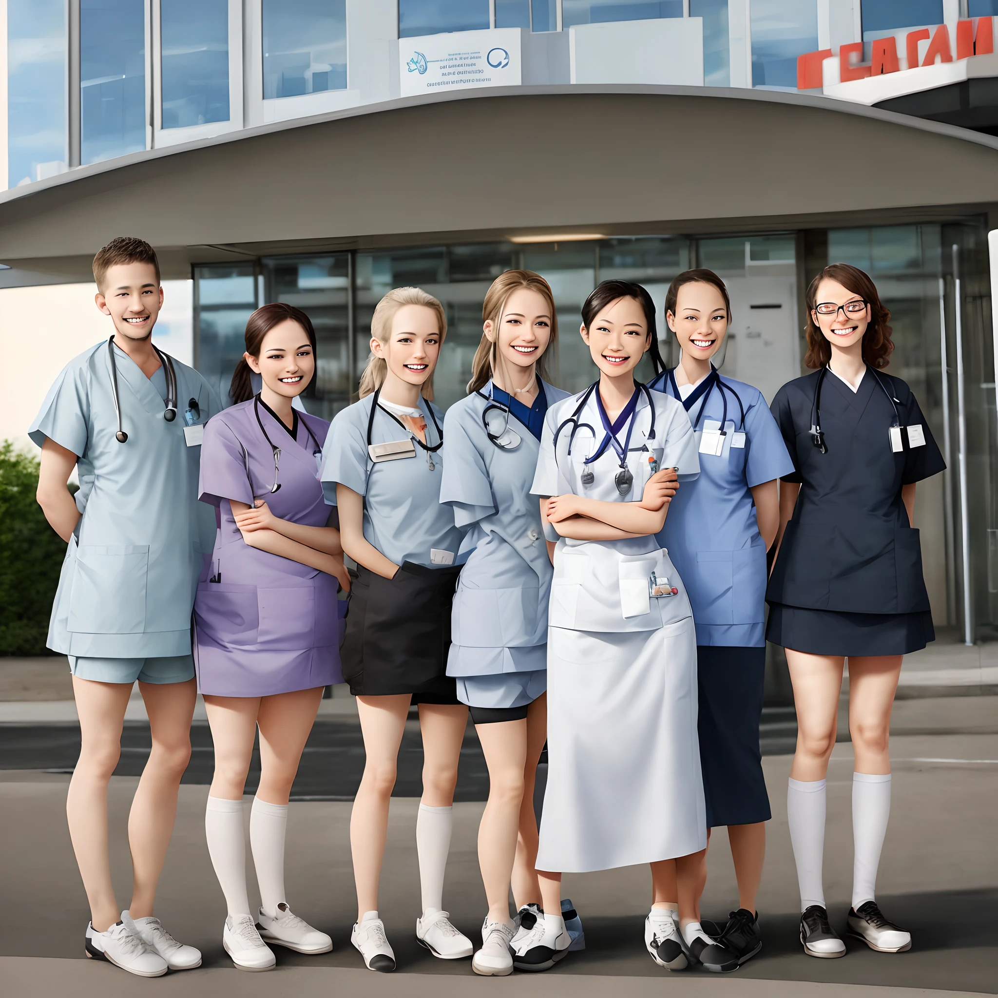 Hospital staff are lining up in front of the hospital with smiles