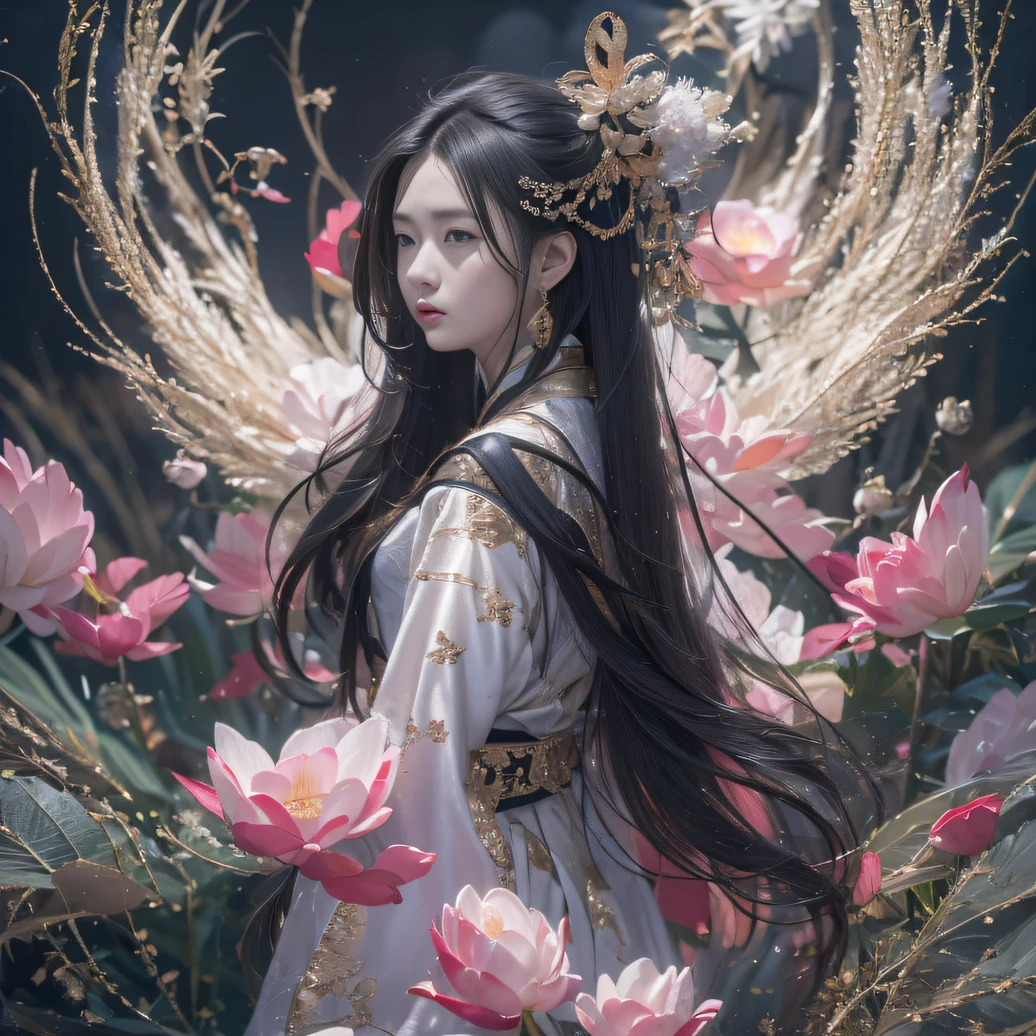 32K(tmasterpiece,k hd,hyper HD,32K)Long flowing black hair,ponds,zydink, a color, Aozhou people (Concubine girl), (Silk scarf), Combat posture, looking at the ground, long whitr hair, Floating hair, Carp pattern headdress, Chinese long-sleeved clothing, (abstract ink splash:1.2), Pink petal background,Pink and white lotus flowers fly(realisticlying:1.4),Black color hair,Fallen leaves flutter,The background is pure, A high resolution, the detail, RAW photogr, Sharp Re, Nikon D850 Film Stock Photo by Jefferies Lee 4 Kodak Portra 400 Camera F1.6 shots, Rich colors, ultra-realistic vivid textures, Dramatic lighting, Unreal Engine Art Station Trend, cinestir 800,Long flowing black hair,Denim skirt