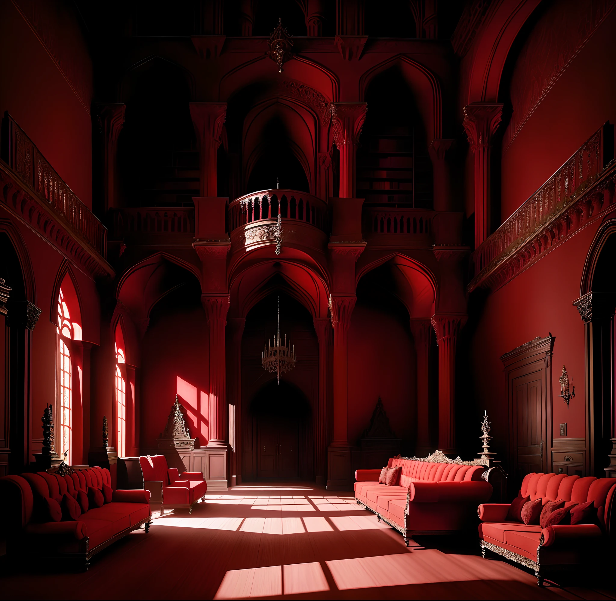 Allafed Room,Features a red sofa and red carpet, Intricate castle interior, inside castle, Inside an epic Gothic castle, in a futuristic desert palace, Castle hall, inside a grand, gothic mansion room, Castle Library, Dramatic ambient lighting, located in a castle, Inside the castle library, luxury castle, exquisitely designed throne room, inside a palace