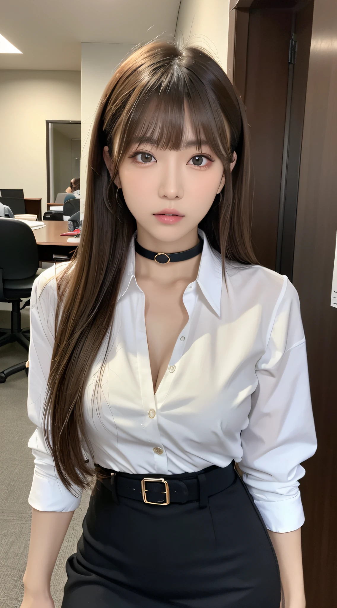 (Best Quality, 8K, masutepiece, Ultra HD: 1.3), 1girl in, mideum breasts, light brown hair, Blunt bangs, hair behind ear, hair over shoulder, Long hair, slender body shape, Ultra Fine Face, Delicate lips, Beautiful eyes, Double eyelids, lipsticks,Facial expressions inviting a man, Ultra-thin hands, Ultra-fine fingers, shirt with collar, tight skirts , beauty legs ,pumps.s Office