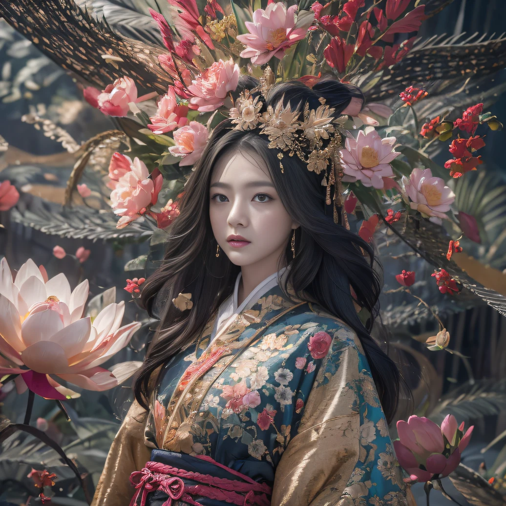 32K（tmasterpiece，k hd，hyper HD，32K）Long flowing black hair，ponds，zydink， a color， Aozhou people （Concubine girl）， （Silk scarf）， Combat posture， looking at the ground， long whitr hair， Floating hair， Carp pattern headdress， Chinese long-sleeved clothing， （abstract ink splash：1.2）， Pink petal background，Pink and white lotus flowers fly（realisticlying：1.4），Black color hair，Fallen leaves flutter，The background is pure， A high resolution， the detail， RAW photogr， Sharp Re， Nikon D850 Film Stock Photo by Jefferies Lee 4 Kodak Portra 400 Camera F1.6 shots, Rich colors, ultra-realistic vivid textures, Dramatic lighting, Unreal Engine Art Station Trend, cinestir 800，Long flowing black hair，Denim skirt
